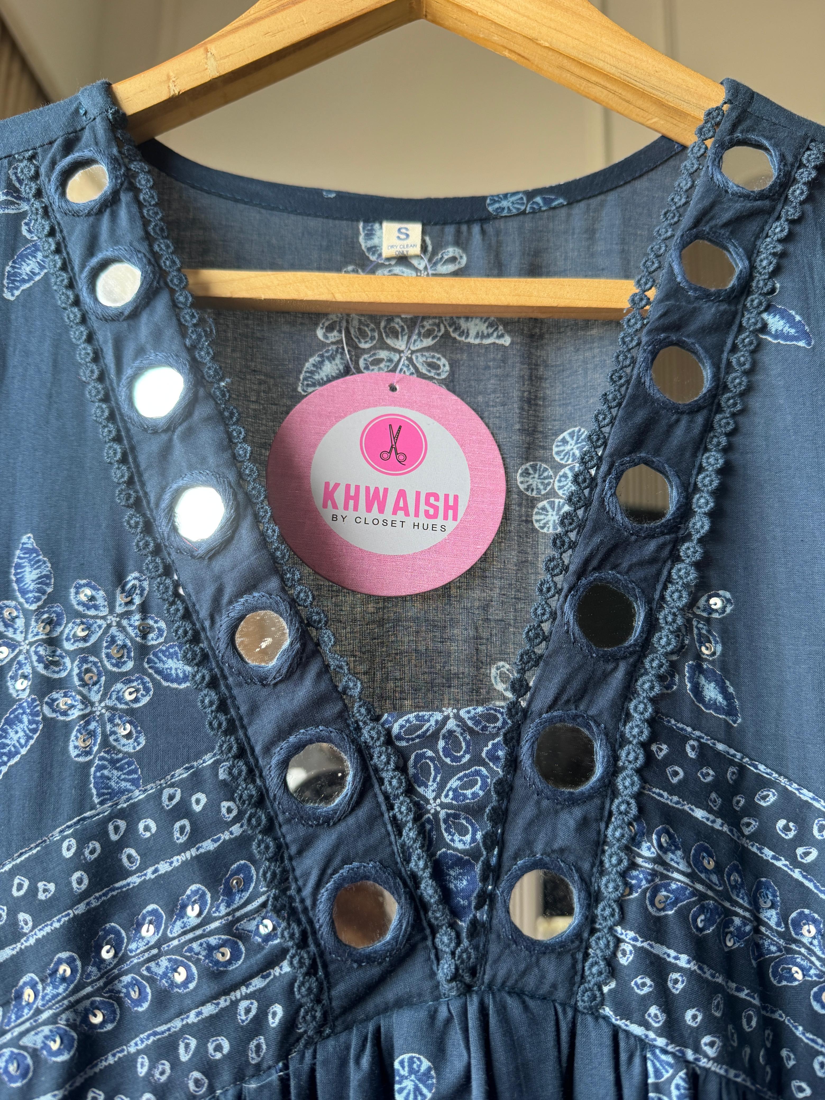 Mahi Mirror Work Anarkali Dress- Blue