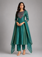 Noori Handwork Mul Chanderi Dress- Green
