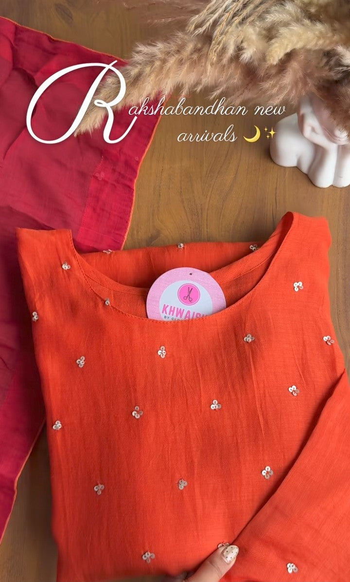 Sejal Handwork Contrast Dupatta Mul Chanderi Dress-Orange