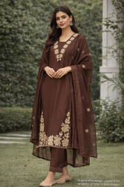 Monika Scalloped Neck Embroided Dress- Brown