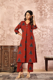 Aachal Print Cotton Dress- Red