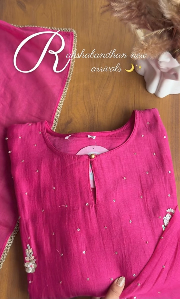 Tina Handwork Mul Chanderi Dress-Pink