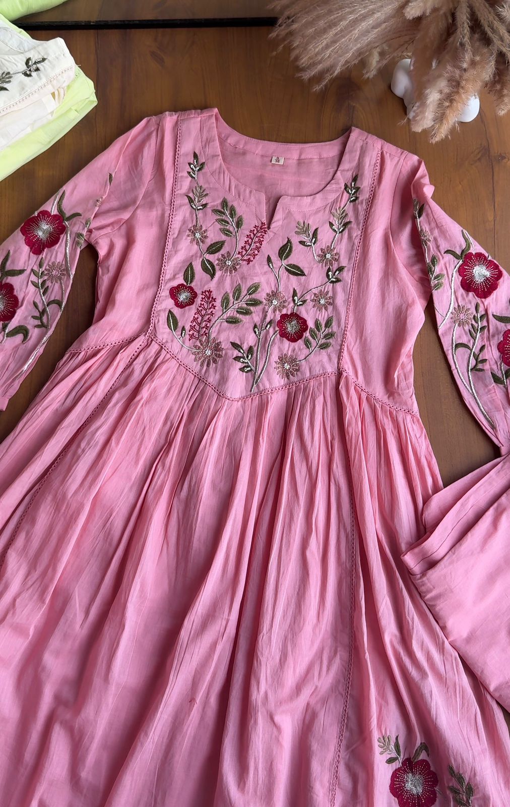 Shrishti Floral Embroided Cotton Dress-Baby Pink