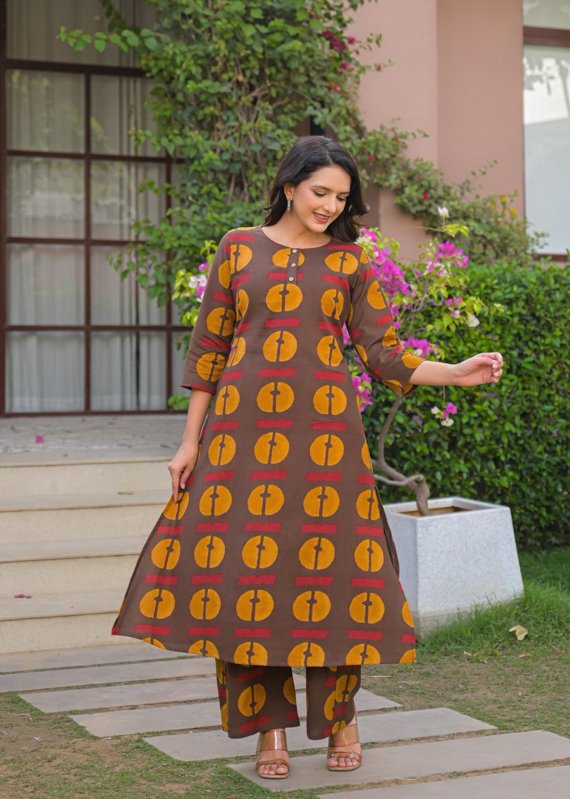 Reya Printed Cotton Dress- Brown