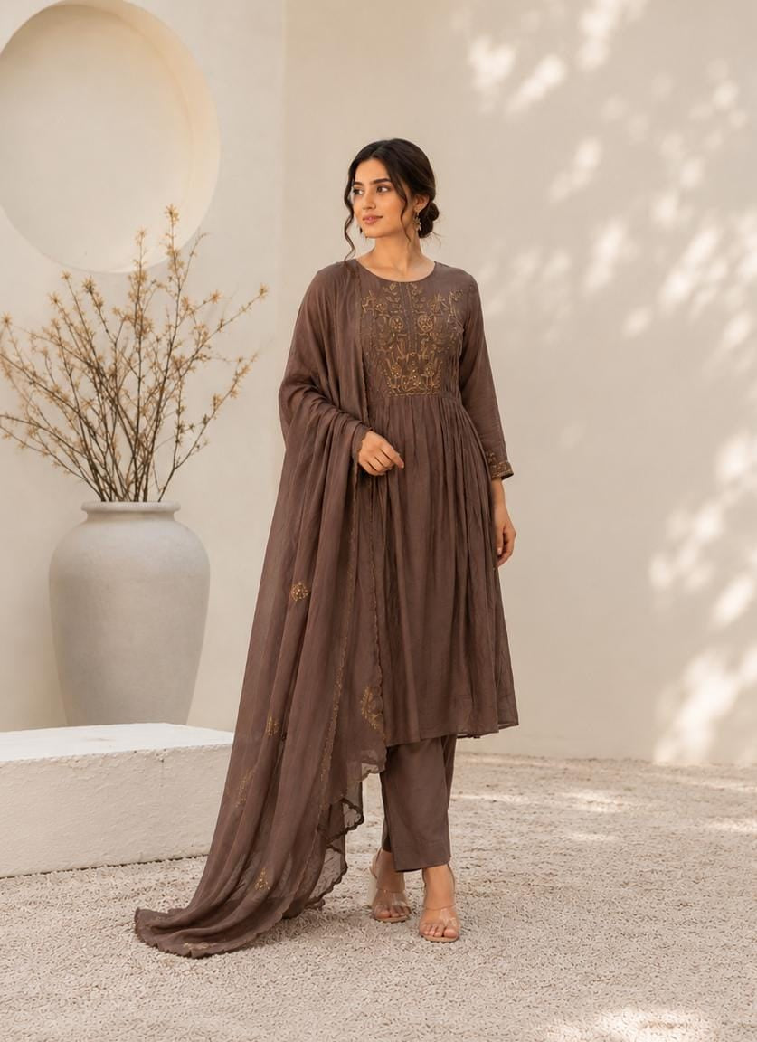 Sanjana  Mul Chanderi Handwork Anarkali - Brown