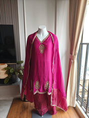 Pavitra Pure mul chanderi short kurta with tissu plazzo hot pink