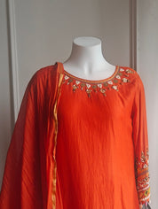 Shushma mul chanderi hand work A line dress orange
