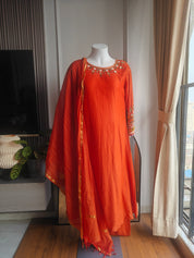 Shushma mul chanderi hand work A line dress orange