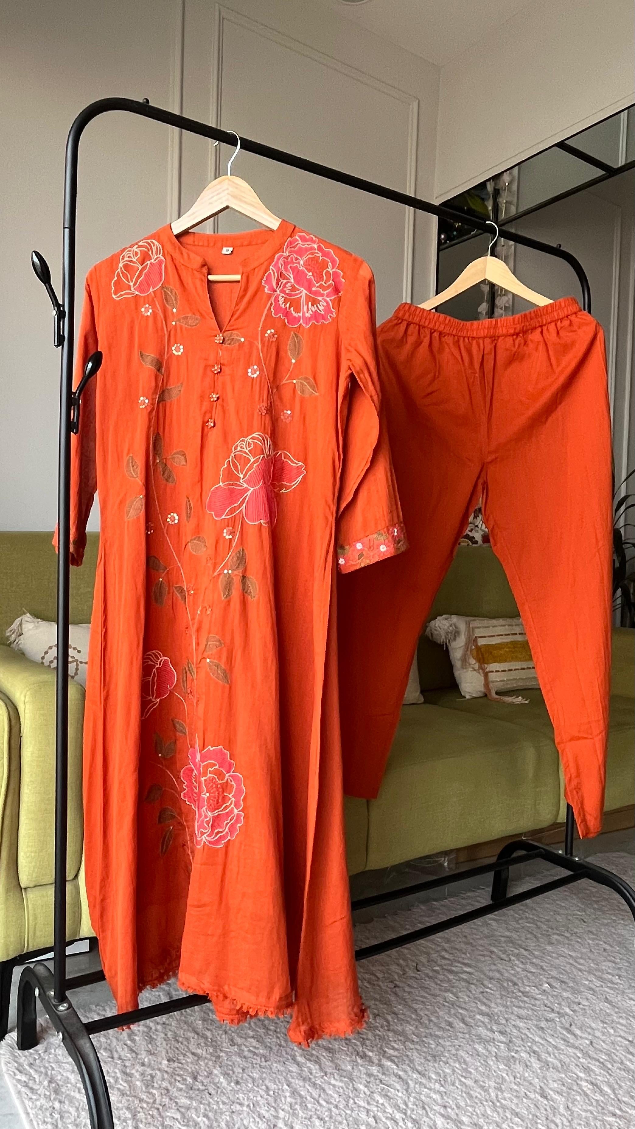 Sejal Embroided Mul Cotton Dress- Rust