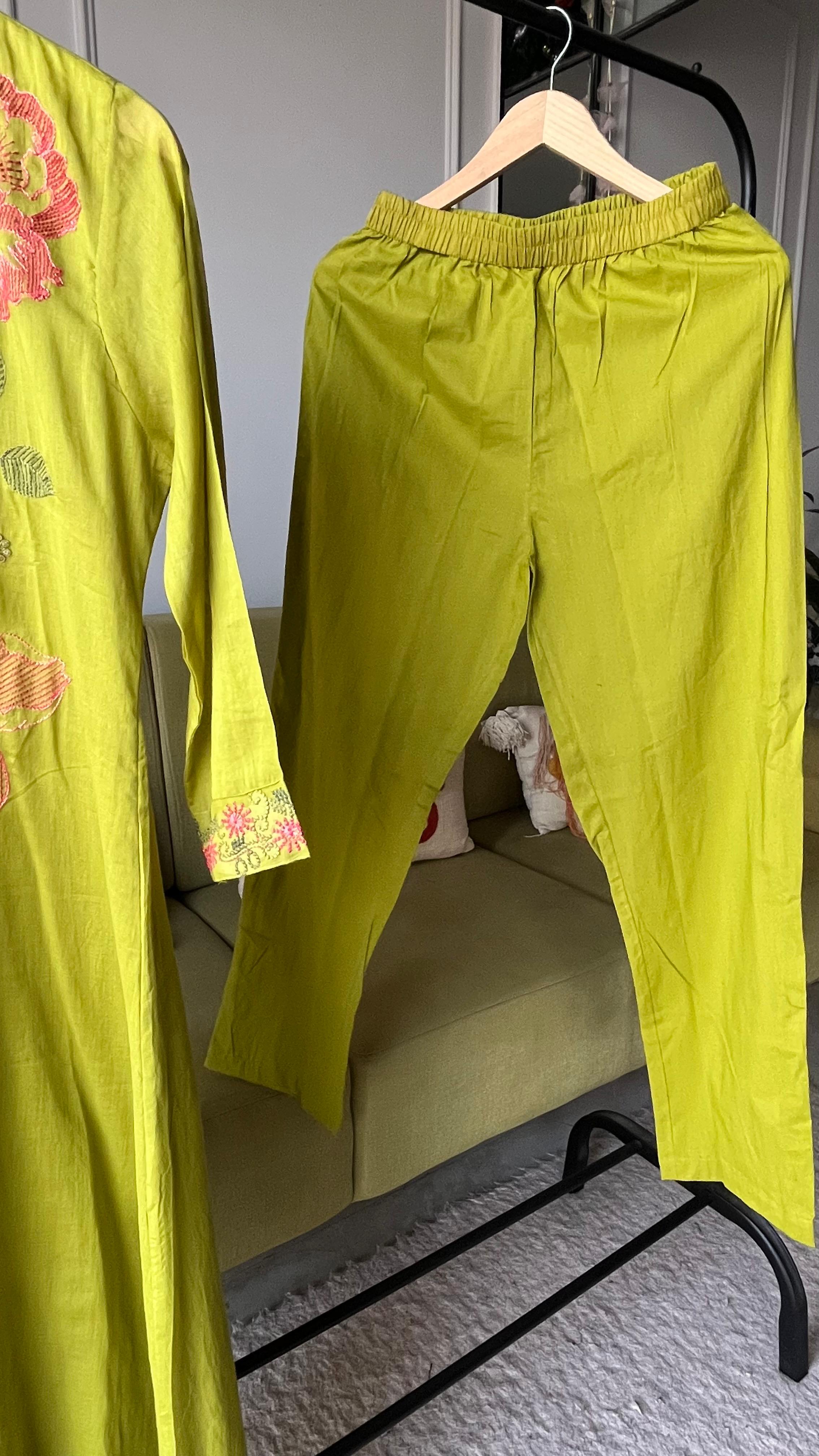 Sejal Embroided Mul Cotton Dress-Parrot Green