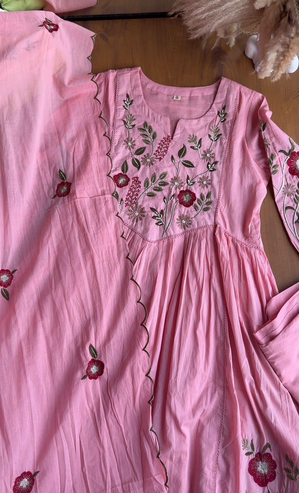 Shrishti Floral Embroided Cotton Dress-Baby Pink