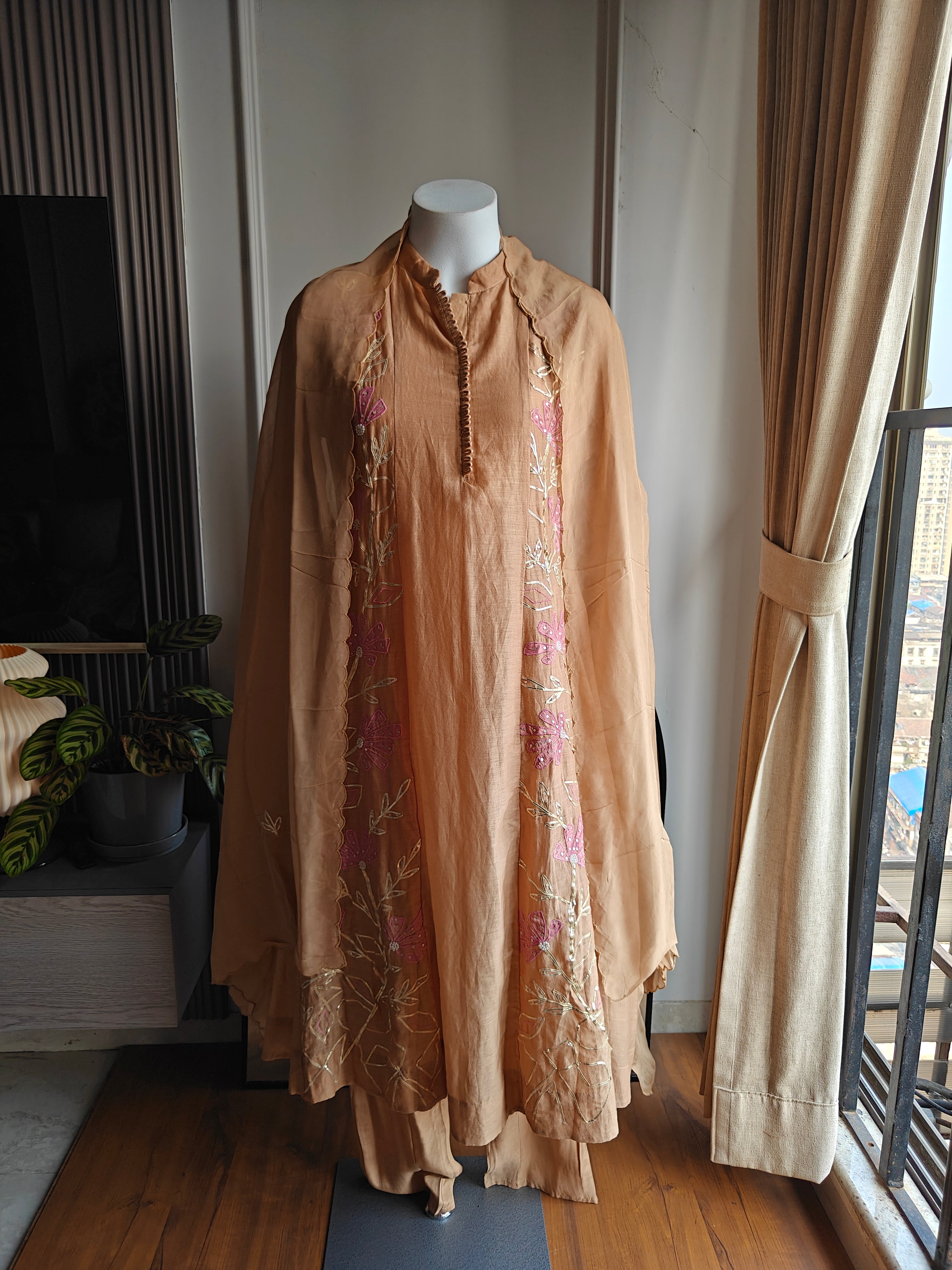 Mul Chanderi Handwork Dress- Powder Peach