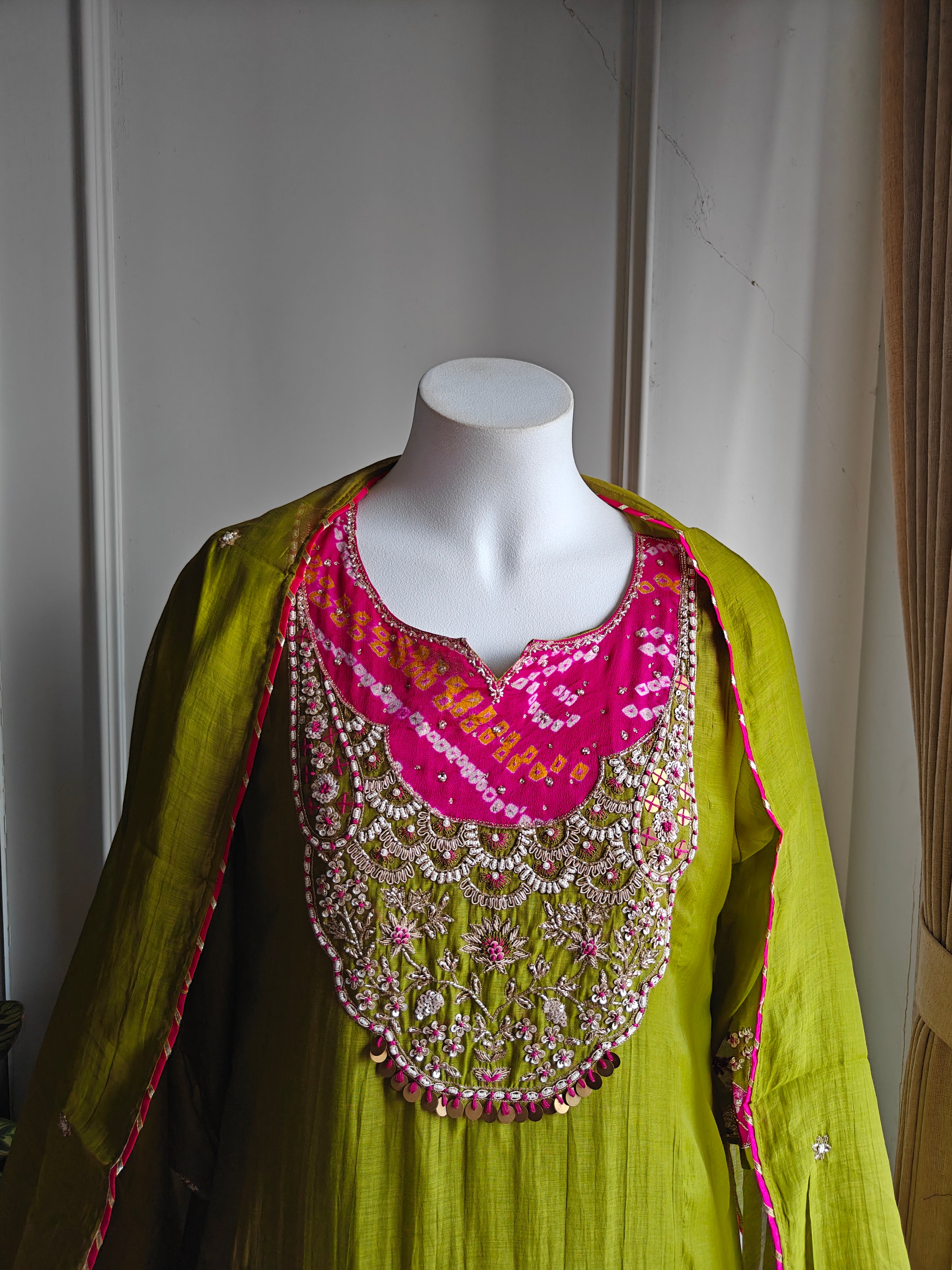 Veeral Bandhani Hand Work Aline Dress- Green (Ready to Ship)