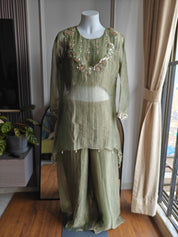 Drishti buster with short kurta  plazzo  coord set organza green