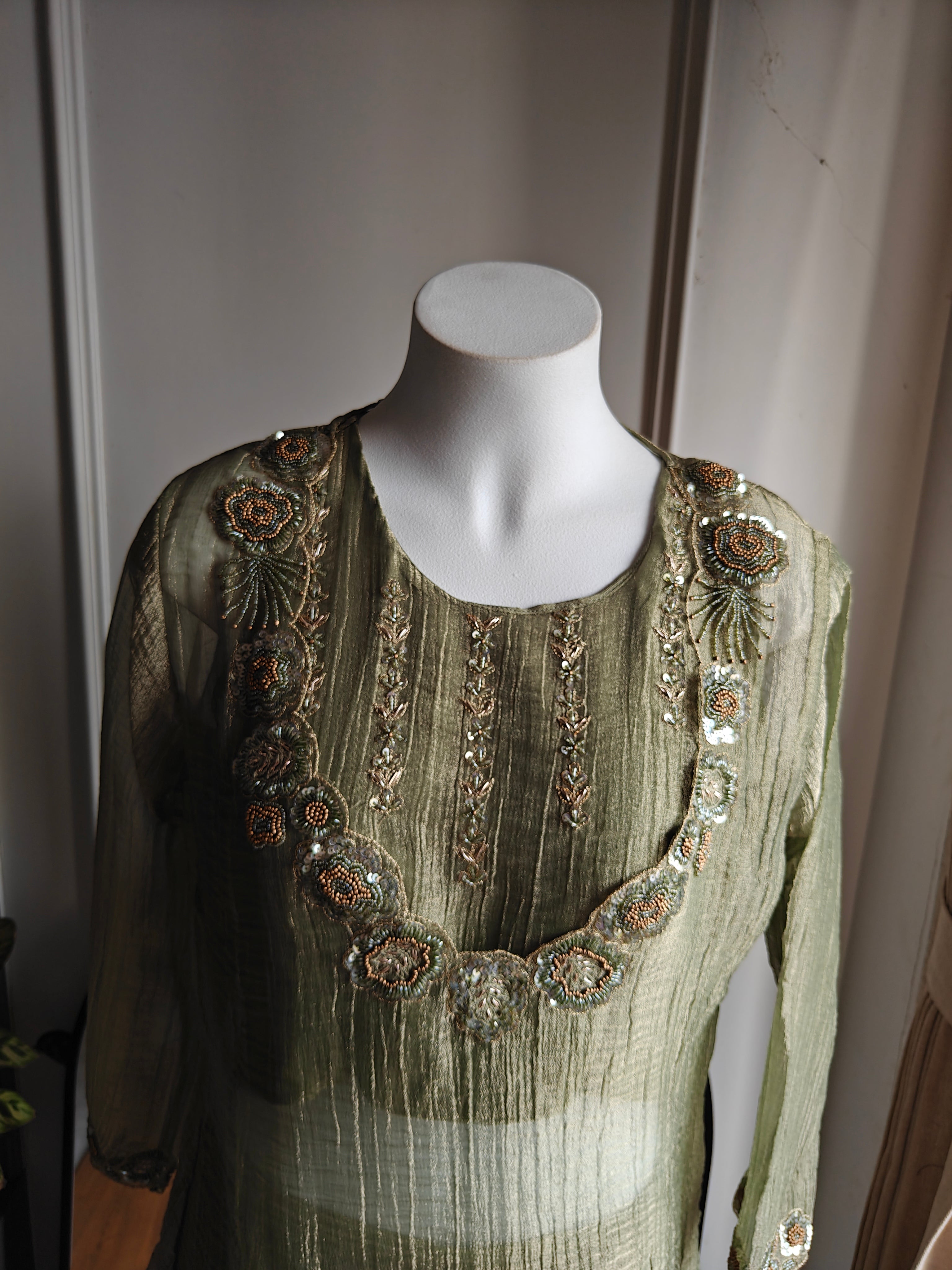 Drishti buster with short kurta  plazzo  coord set organza green