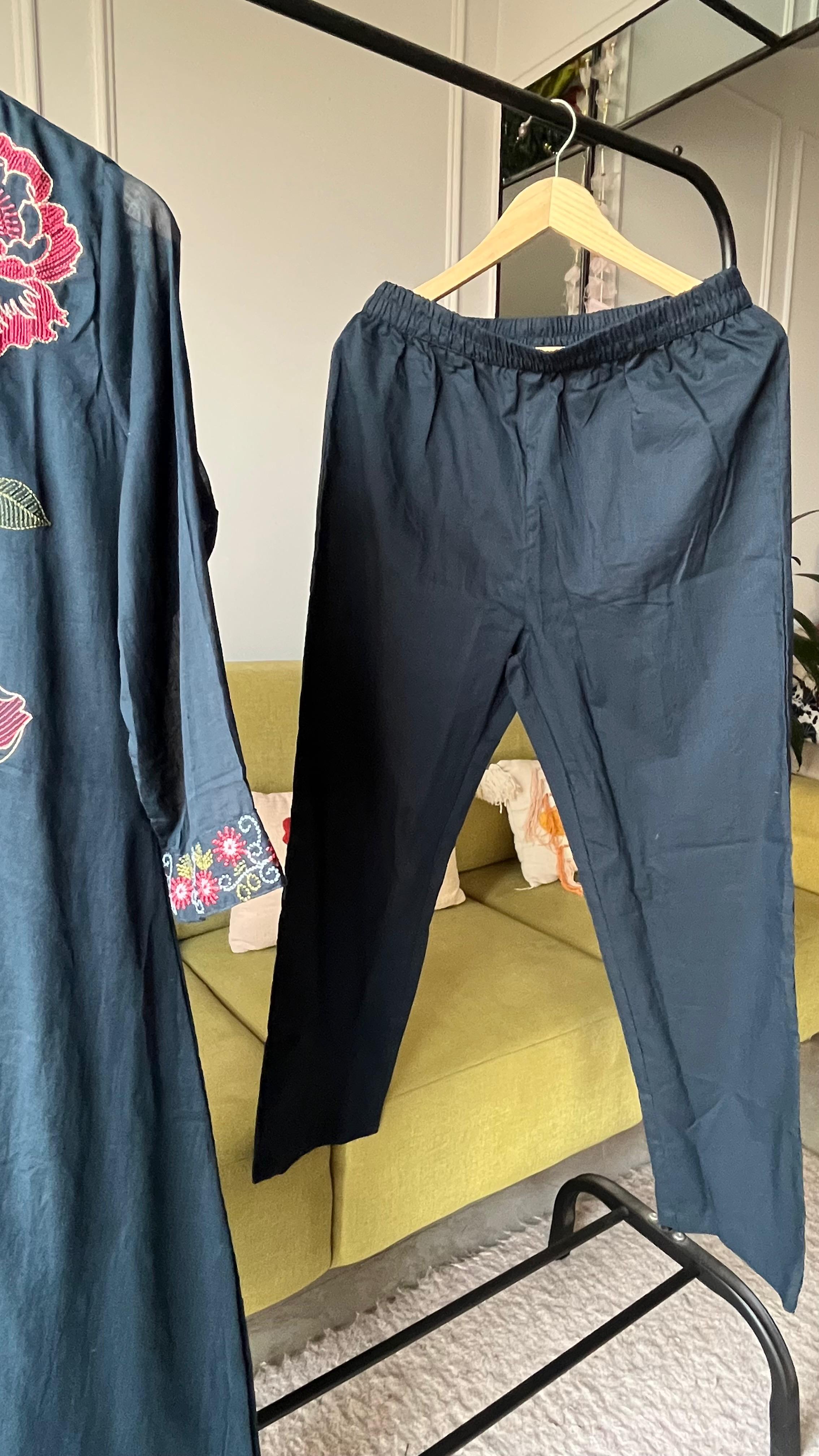 Sejal Embroided Mul Cotton Dress- Dark Blue