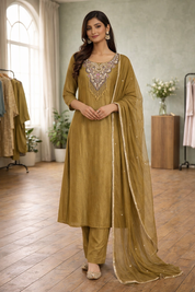 Sujatha Embroided Mul Chanderi Dress- Olive Green
