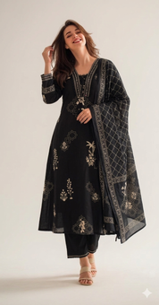 Shriya Printed Cotton Dress- Black