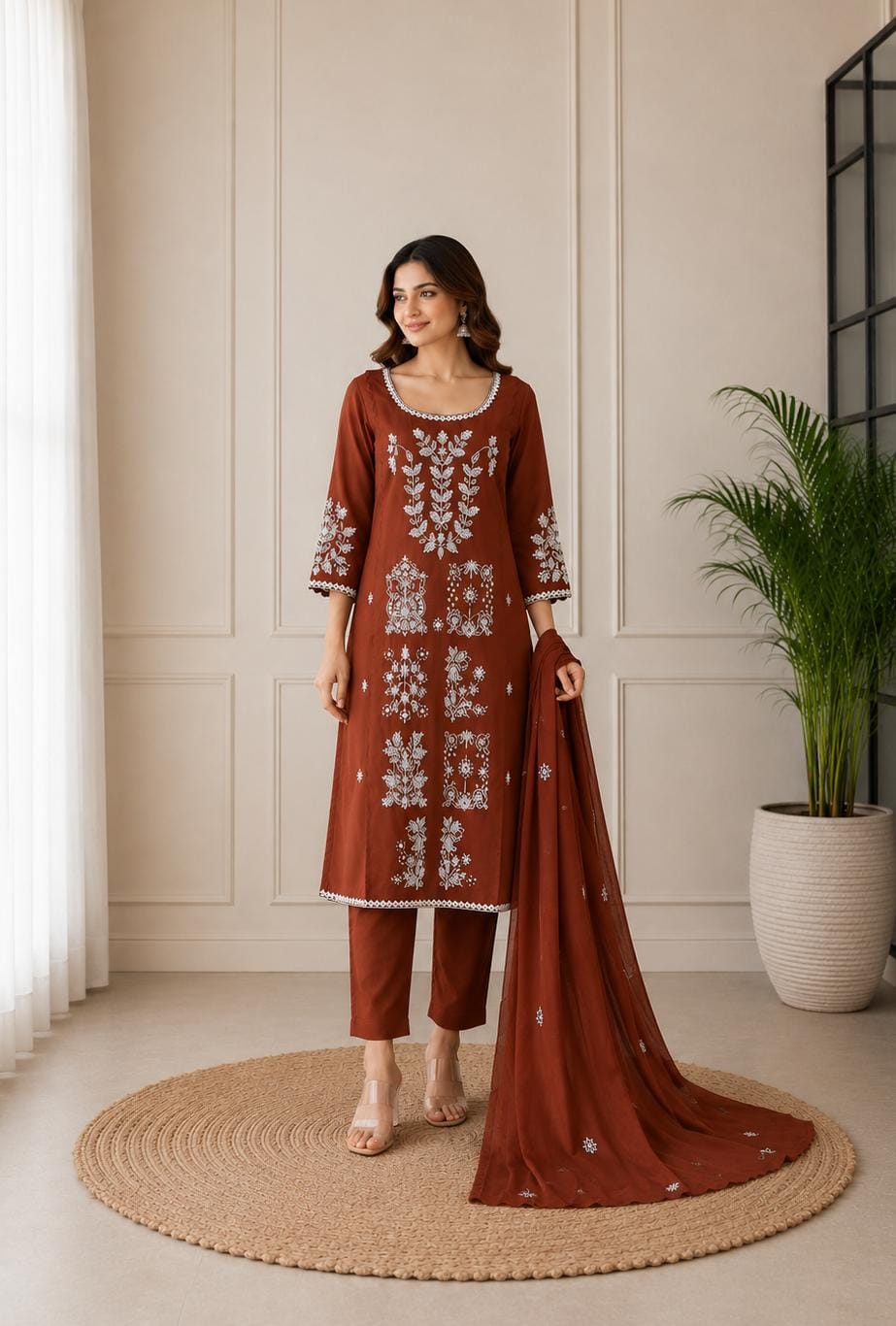 Alfa Embroided Dress- Brown