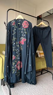 Sejal Embroided Mul Cotton Dress- Dark Blue