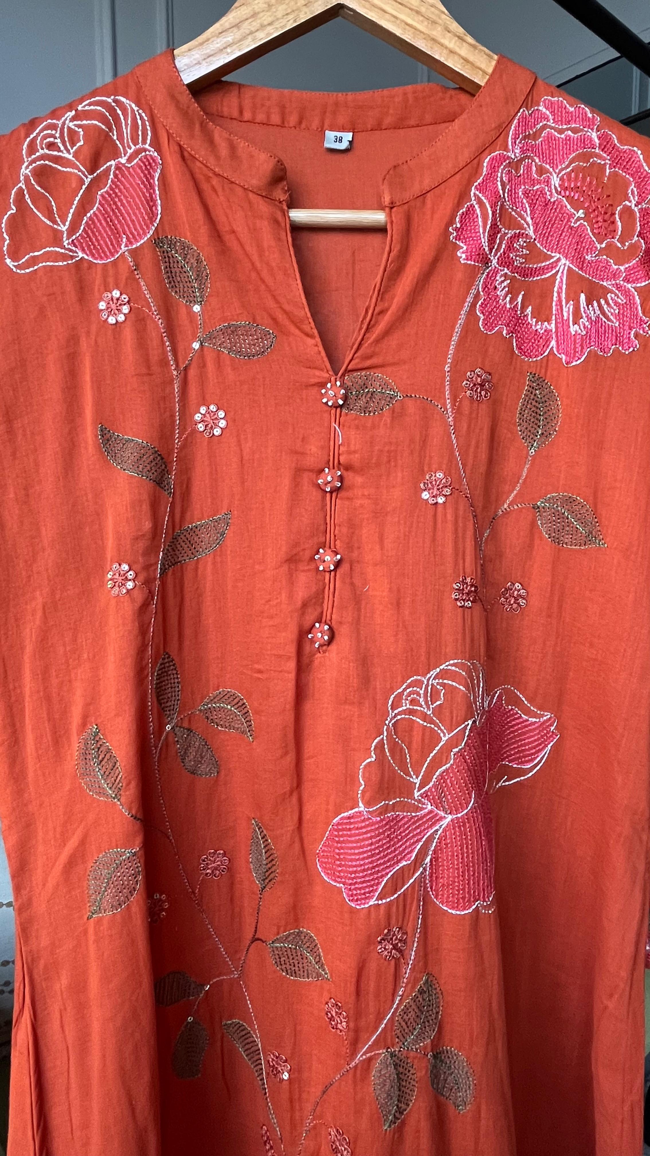 Sejal Embroided Mul Cotton Dress- Rust