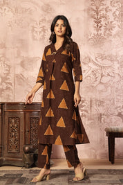 Aachal Print Cotton Dress- Brown