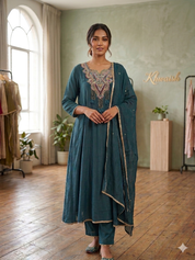 Sujatha Embroided Mul Chanderi Dress- Blue