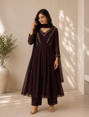 Siya Mul Chanderi Handwork Dress- Coffee Brown