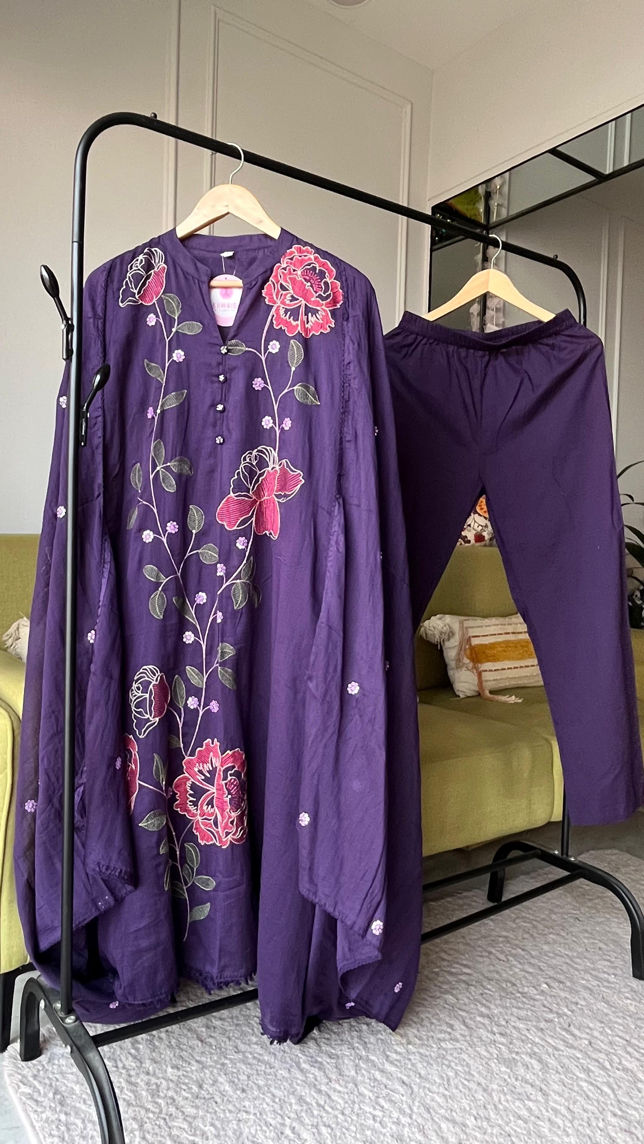 Sejal Embroided Mul Cotton Dress-Purple