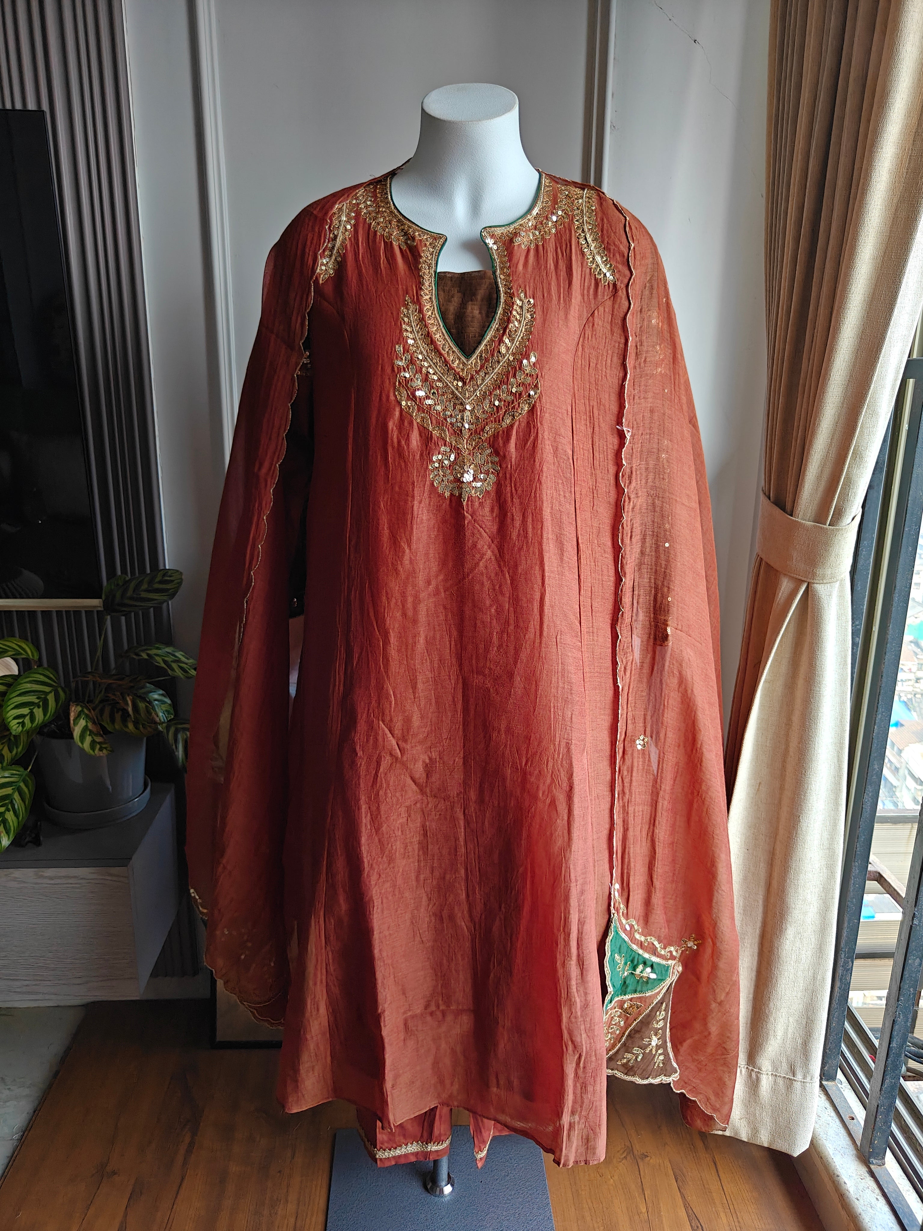 Akanksha Pure Zardoshi  Keyhole Neck Aline Dress- Powder Brown (Ready to Ship)