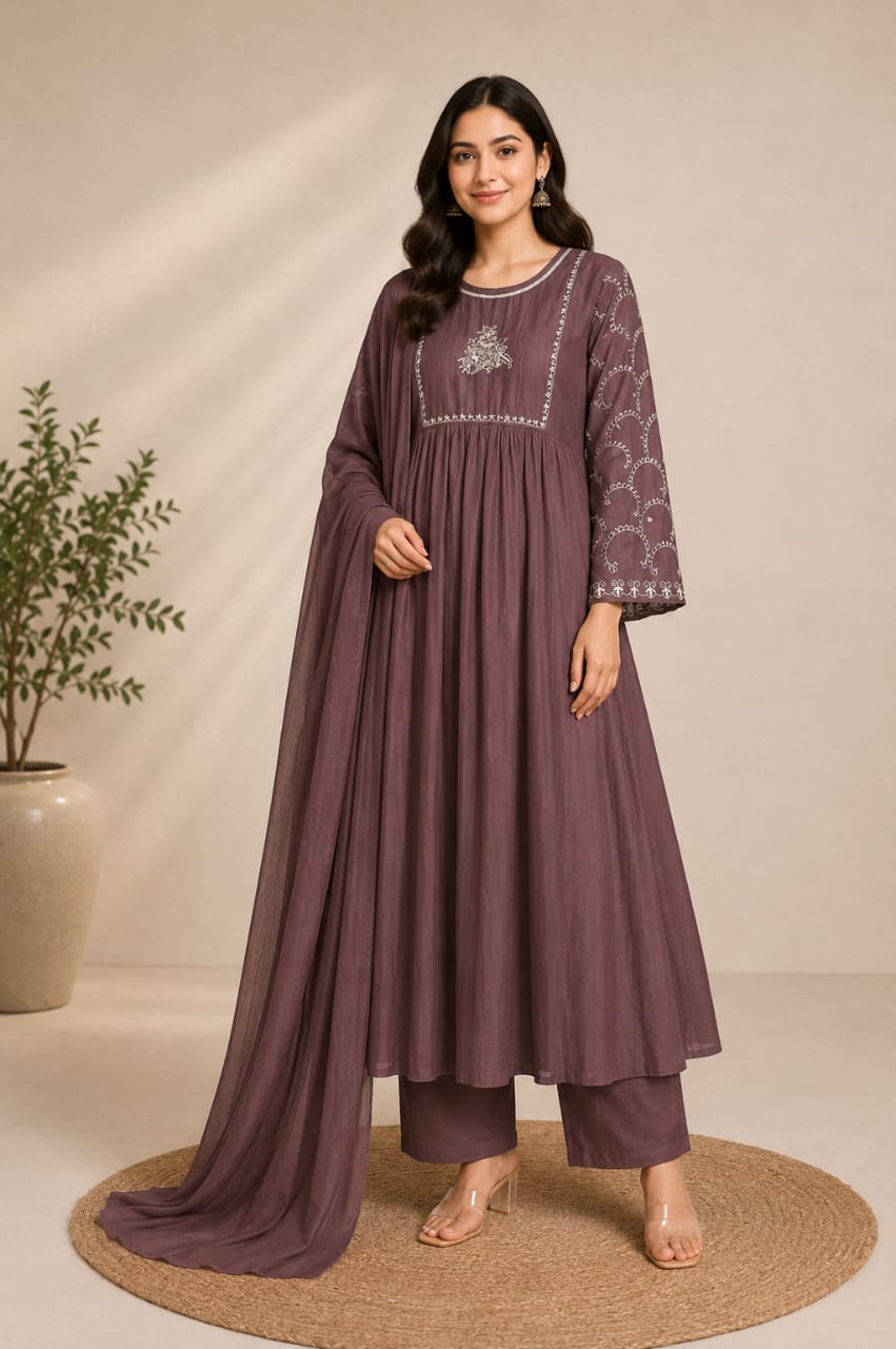 Sahira Handwork mul chanderi Aline dress- Brown