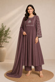 Sahira Handwork mul chanderi Aline dress- Brown