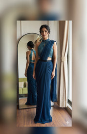 Risha Handwork Drape Saree Set- Blue
