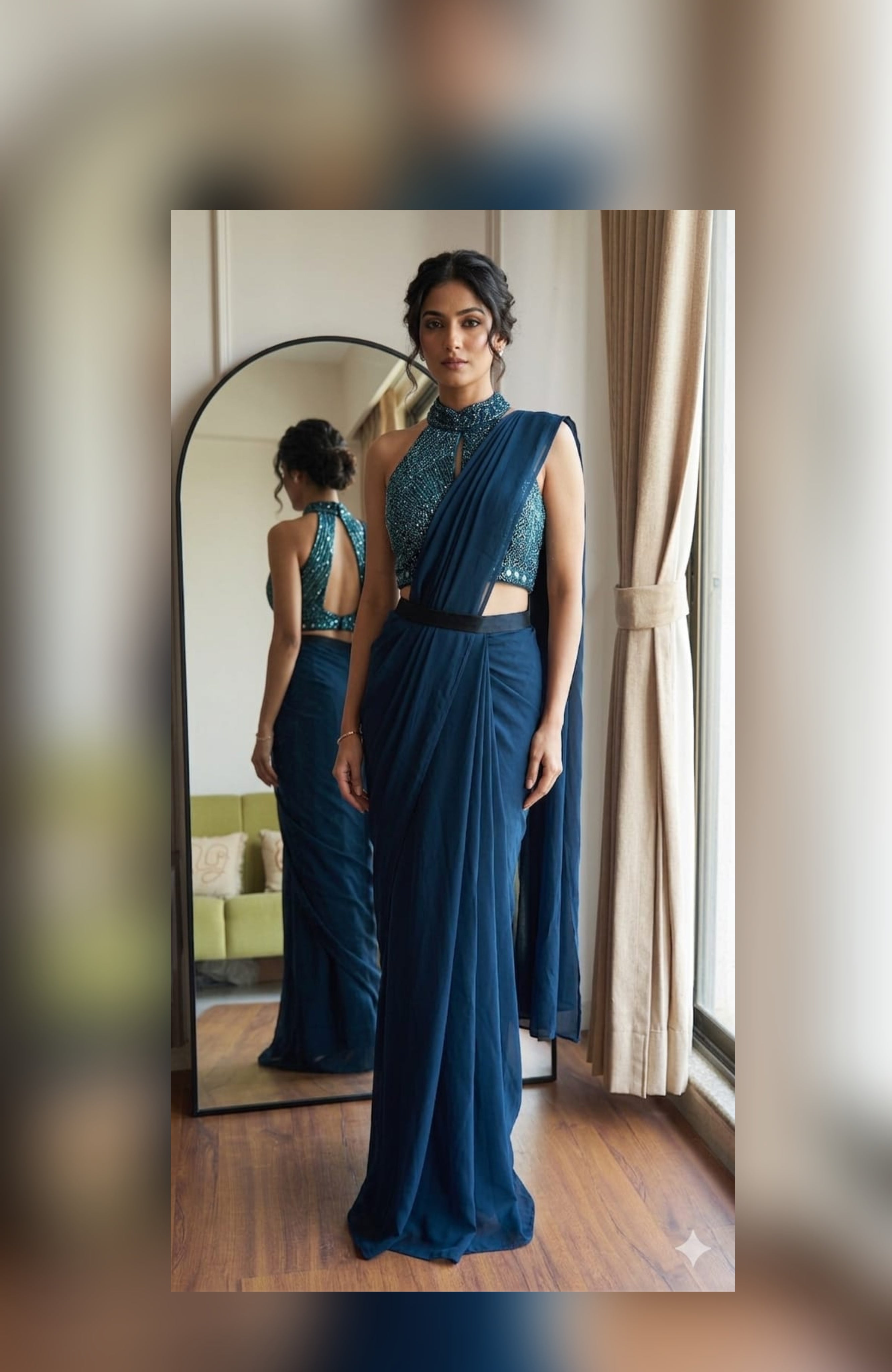 Risha Handwork Drape Saree Set- Blue