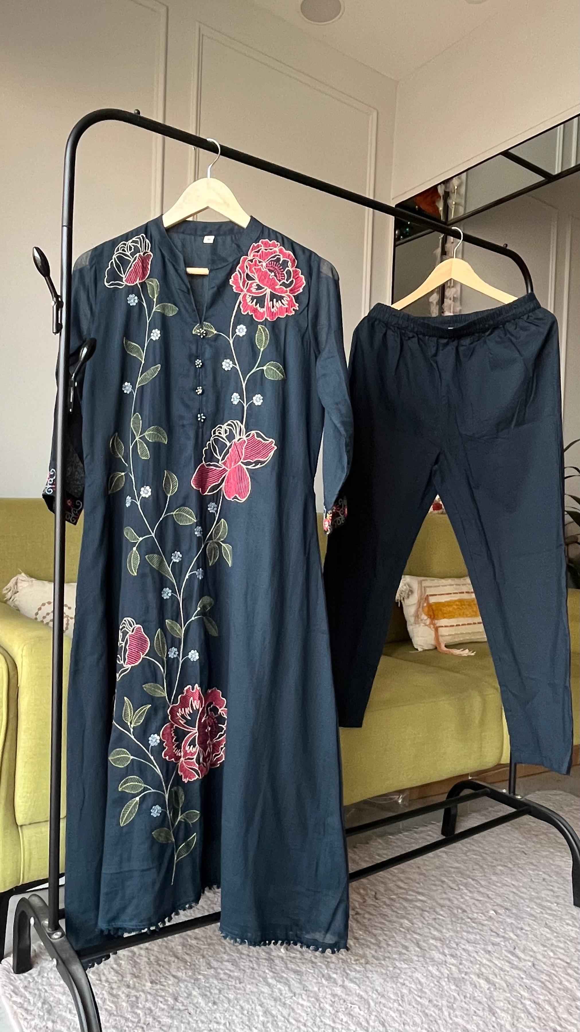 Sejal Embroided Mul Cotton Dress- Dark Blue